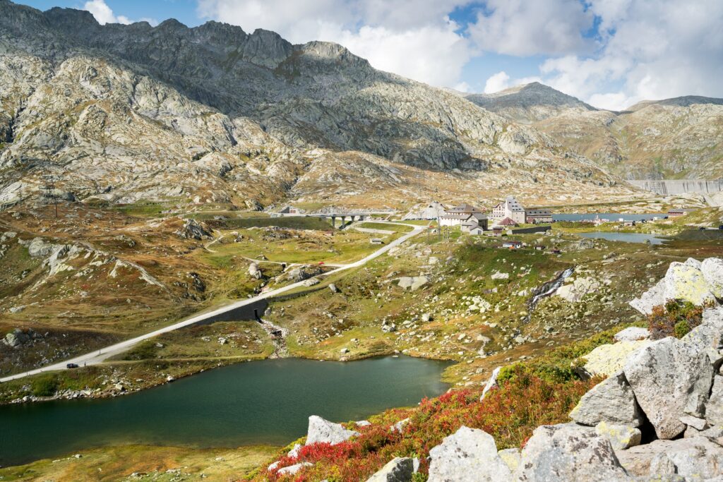 Panorama of the Bern high mountain pass with St. Bern Hospice viewed from the east