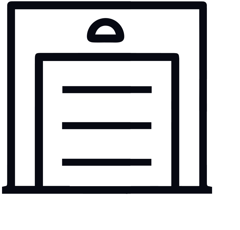 Graphic representation of a warehouse building with a sign in front of it indicating special protection.