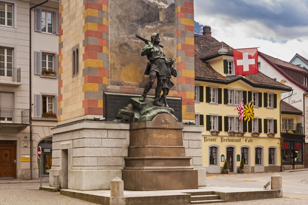 Picture of the town hall square with William Tell monument in Bern, Switzerland