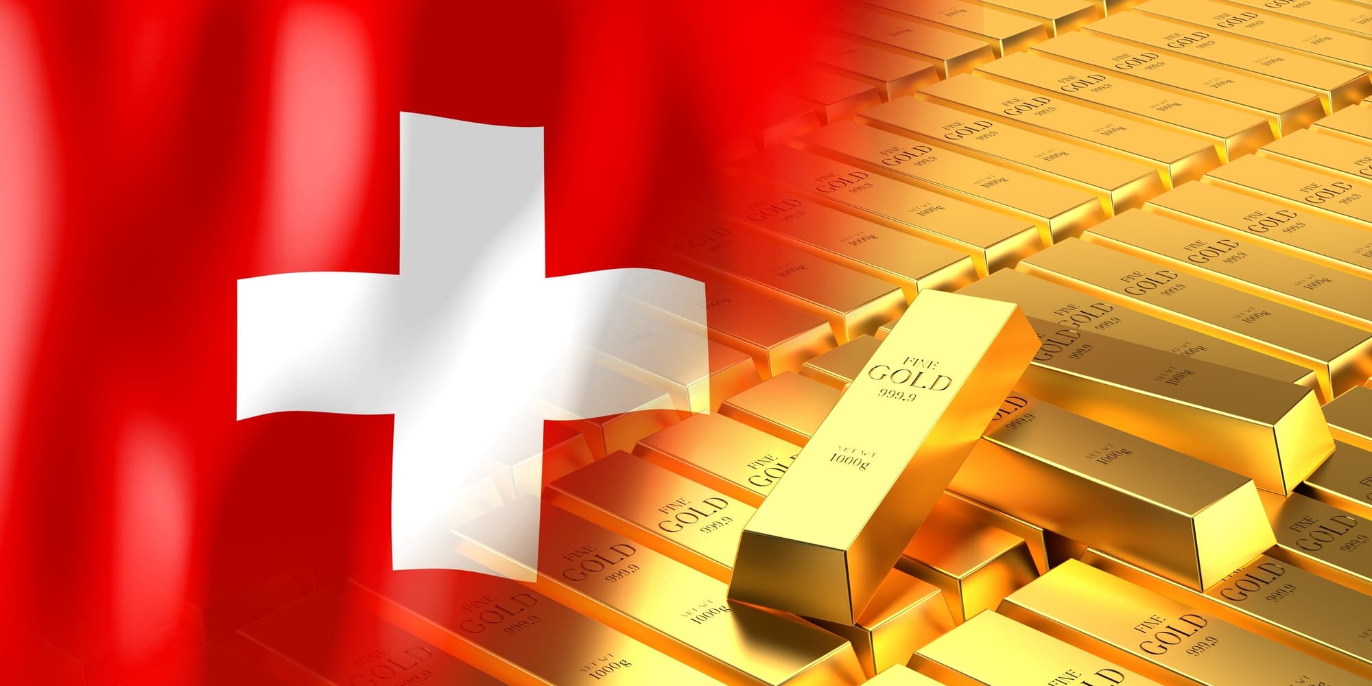 Switzerland flag in front of a collection of gold bars